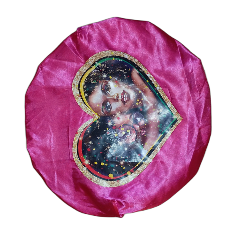 Black Love pink satin bonnet