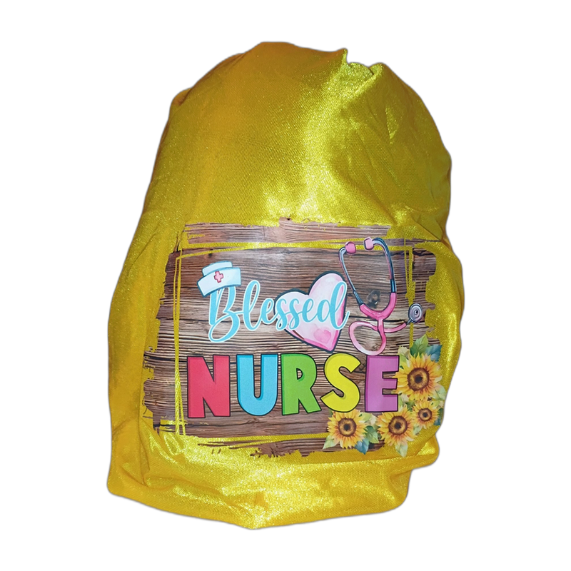 Blessed Nurse yellow satin bonnet