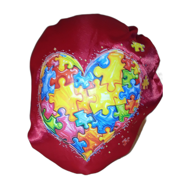 We Fit Autism red satin bonnet