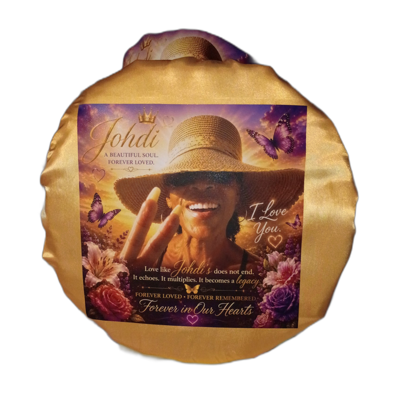 Gold satin memorial bonnet honoring Johdi
