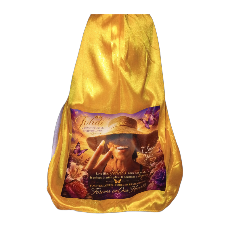 Gold satin memorial durag honoring Johdi